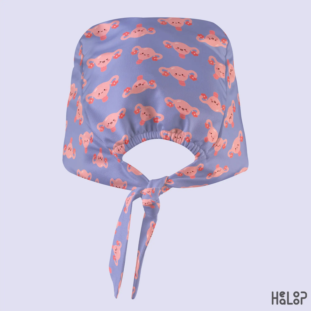 OBGYN Uterus Classic Scrub Cap in lavender purple, back view showing pink uterus print, gathered elastic opening and adjustable tie-back closure. Copy