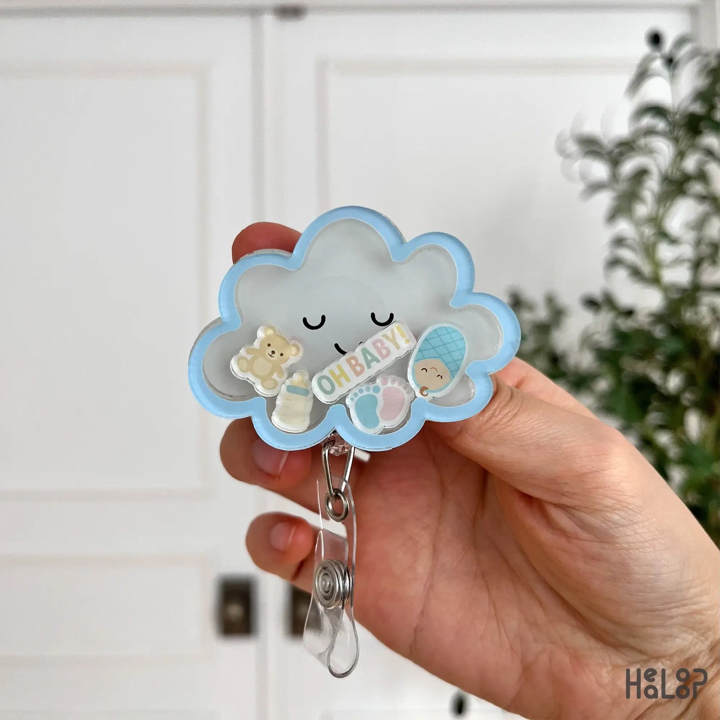 Oh Baby cloud shaker badge reel perfect for NICU nurses and baby shower gifts.