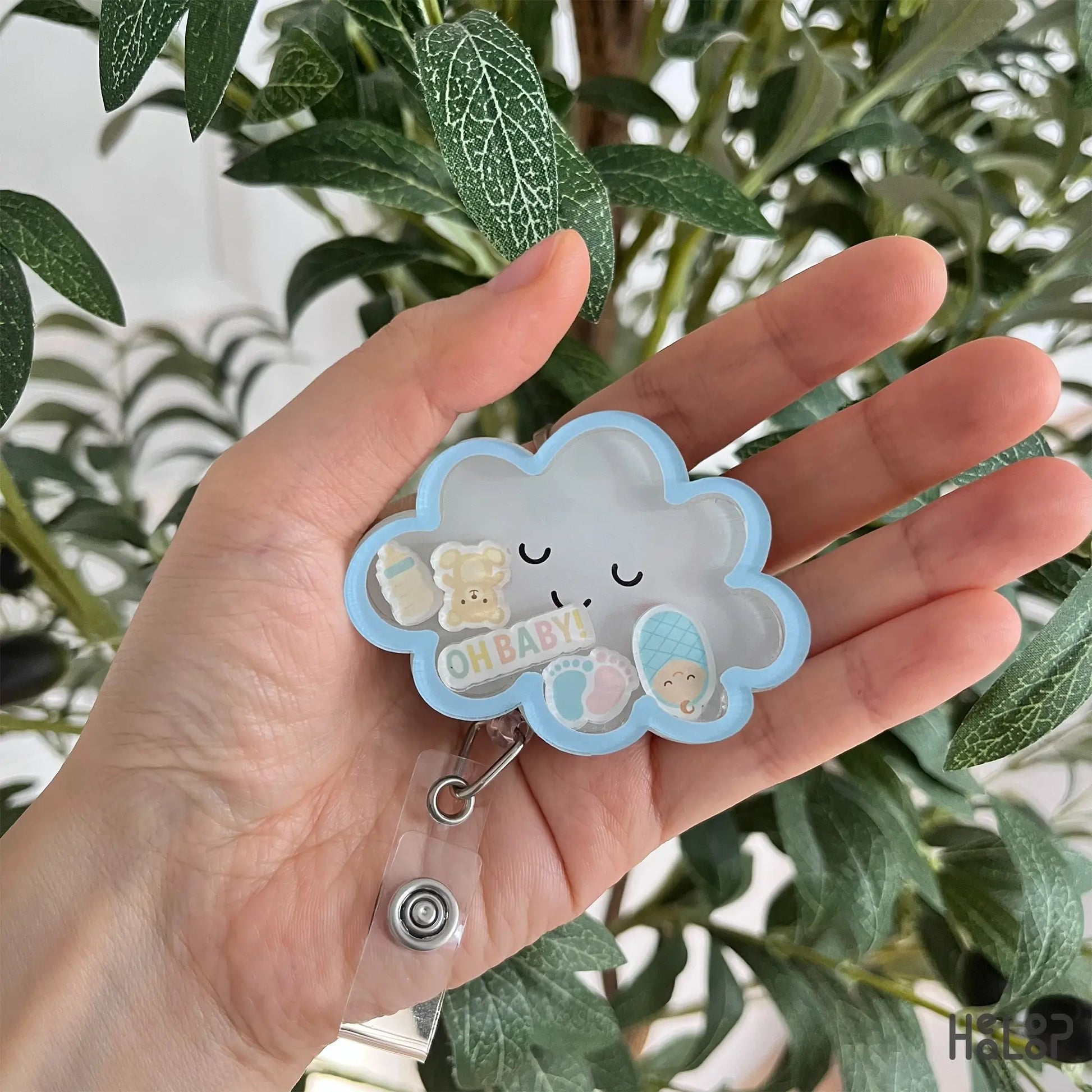 Oh Baby cloud shaker badge reel with newborn icons for NICU, pediatric and nursery nurses.