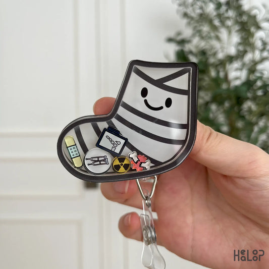 Front view of orthopedic shaker badge reel for nurses, doctors, and healthcare staff