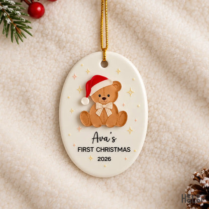 Personalized Baby's First Christmas Ornament with custom name, year and teddy bear design