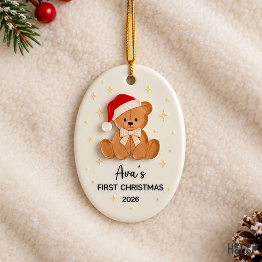 Personalized Baby's First Christmas Ornament with custom name, year and teddy bear design