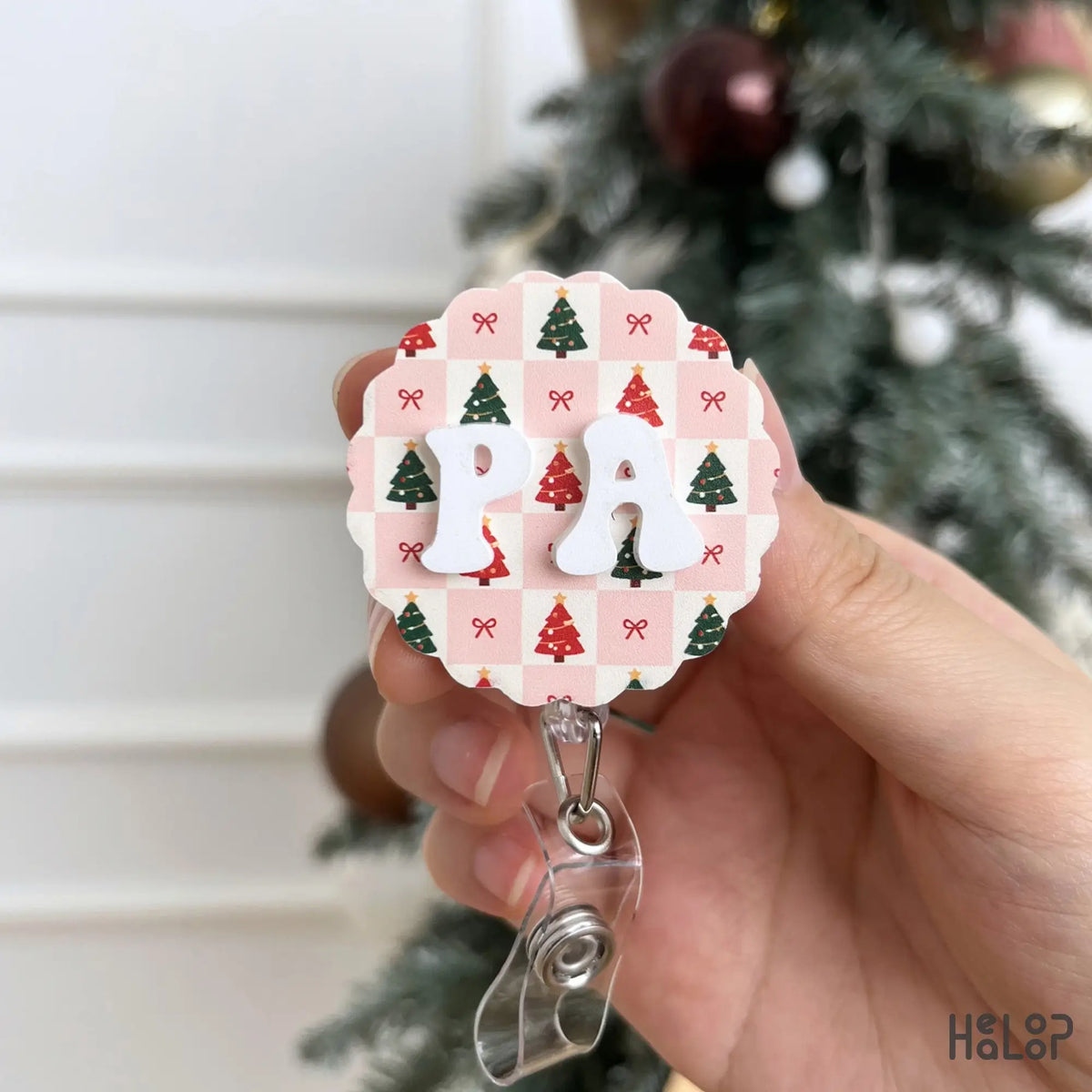 Personalized Christmas ID badge reel with custom PA letters and pink Christmas tree checker pattern