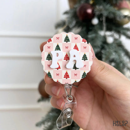 Personalized Christmas ID badge reel with custom PA letters and pink Christmas tree checker pattern