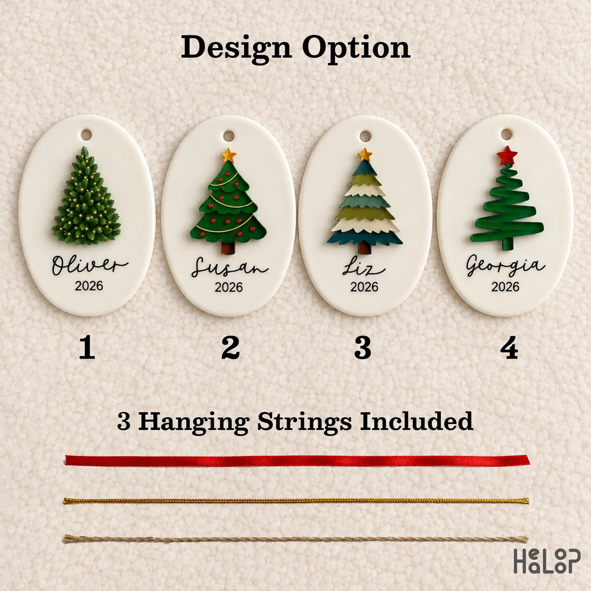 Four Christmas tree design options for personalized ceramic and acrylic ornaments with red, gold and jute hanging strings
