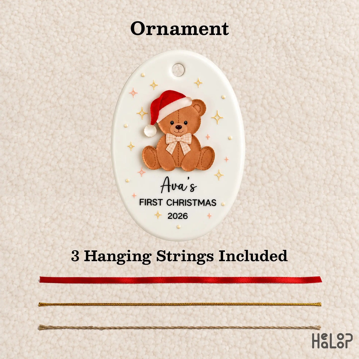 Personalized First Christmas teddy bear ornament with red ribbon, gold string and jute twine