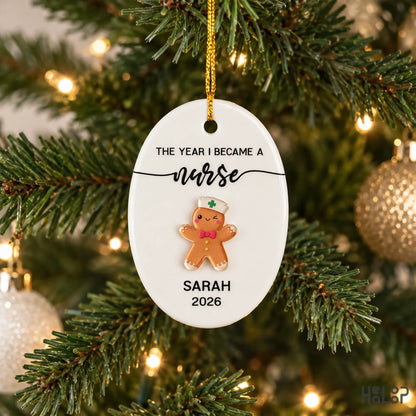 Personalized nurse Christmas ornament with gingerbread nurse design hanging on a Christmas tree