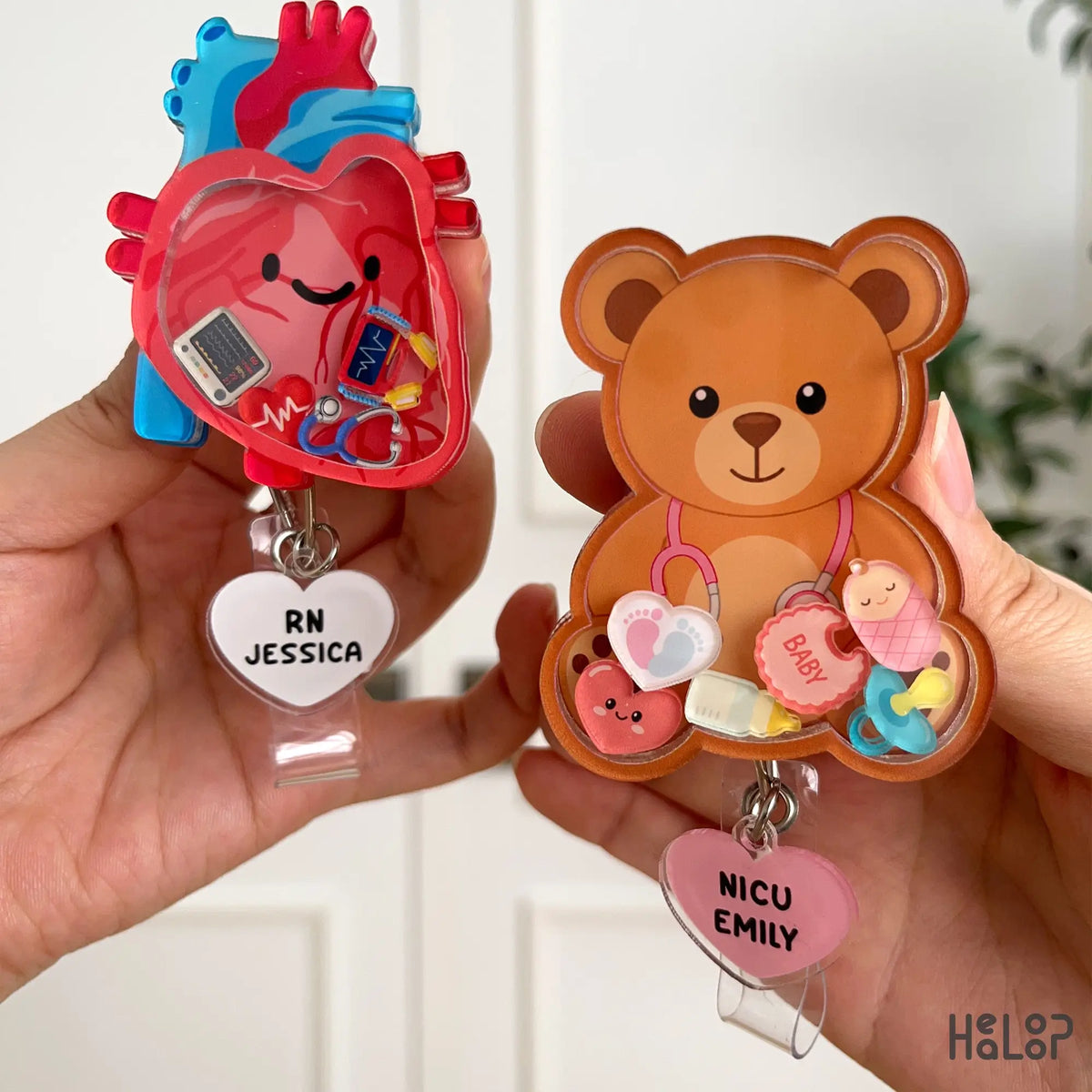 personalized nurse shaker badge reels featuring heart and NICU bear designs with custom charms and name dangles