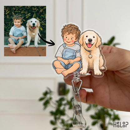 personalized pet badge reel featuring a custom illustrated portrait of a young boy sitting beside his golden retriever.