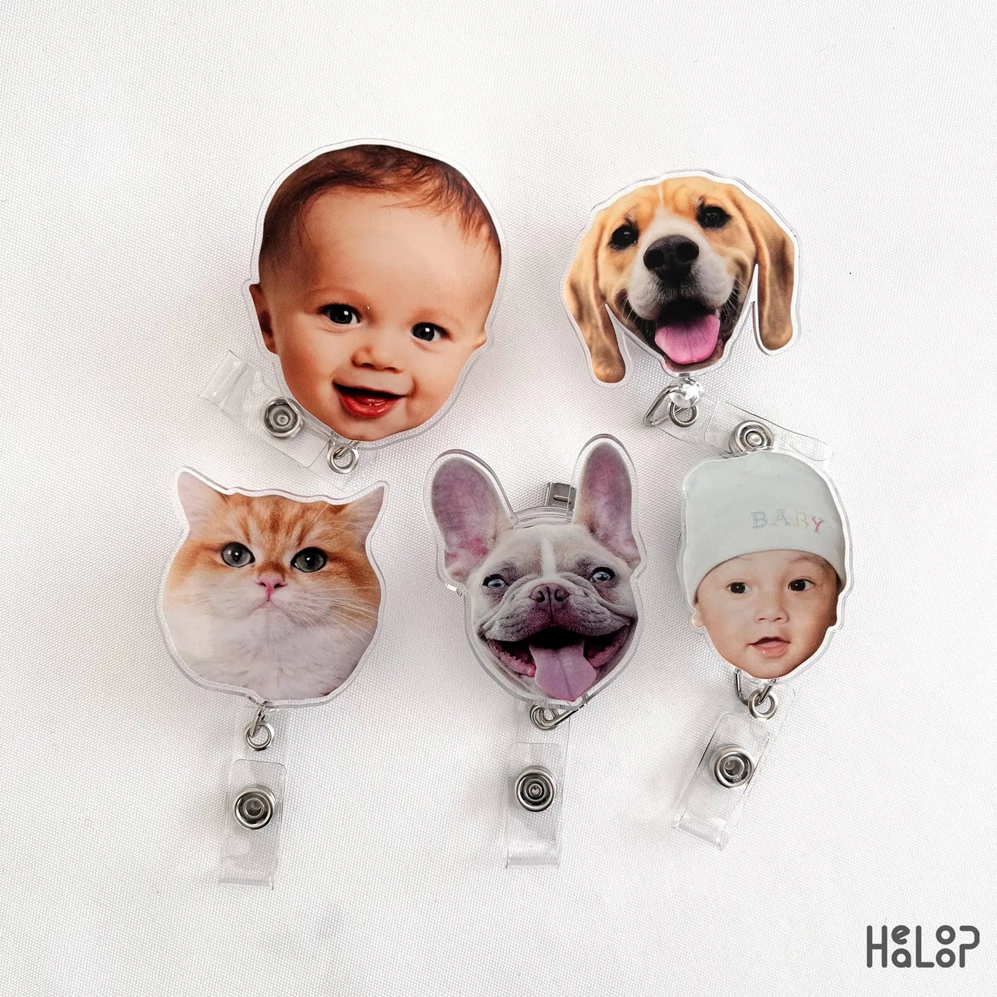 Personalized photo badge reel collection with pet and baby designs
