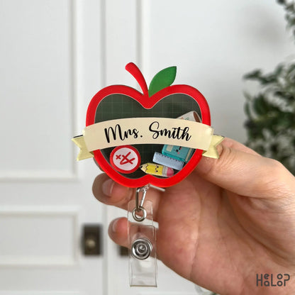 Custom teacher apple badge reel with personalized name and cute classroom shaker charms