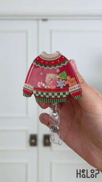 Christmas ugly sweater shaker badge reel video