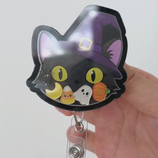 Black cat halloween shaker badge reel video