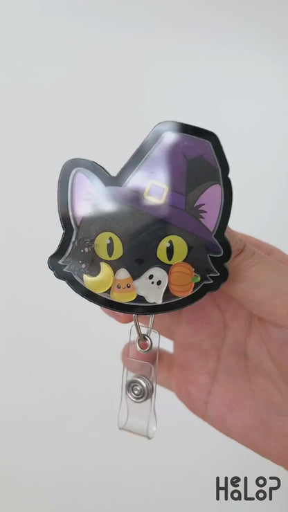 Black cat halloween shaker badge reel video