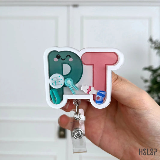 PT Shaker Badge Reel for physical therapists featuring cute physical therapy themed shaker charms in a retractable acrylic ID badge holder.