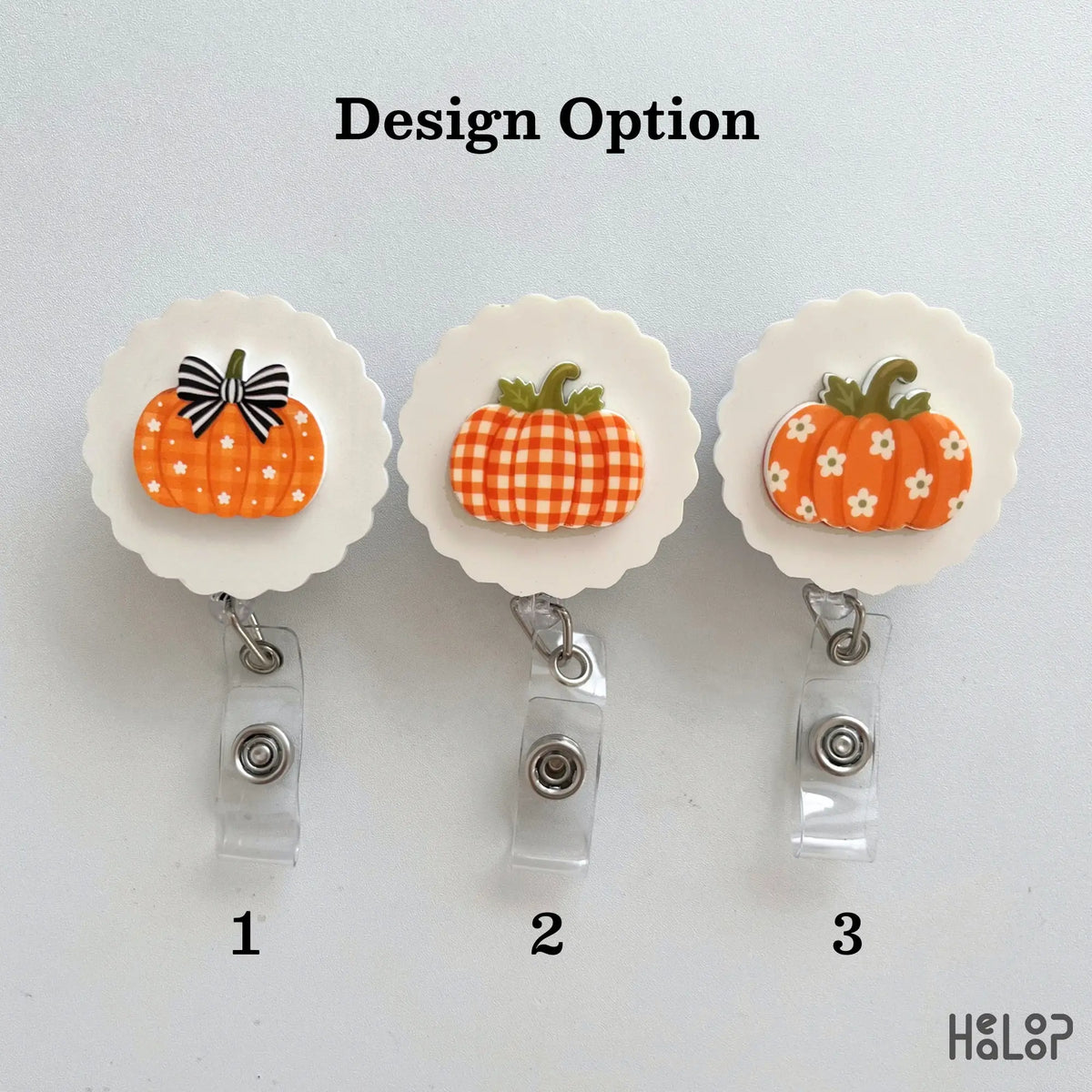 Pumpkin badge reel design options with three cute fall pumpkin styles by HEALOOP