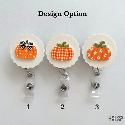 Pumpkin badge reel design options with three cute fall pumpkin styles by HEALOOP