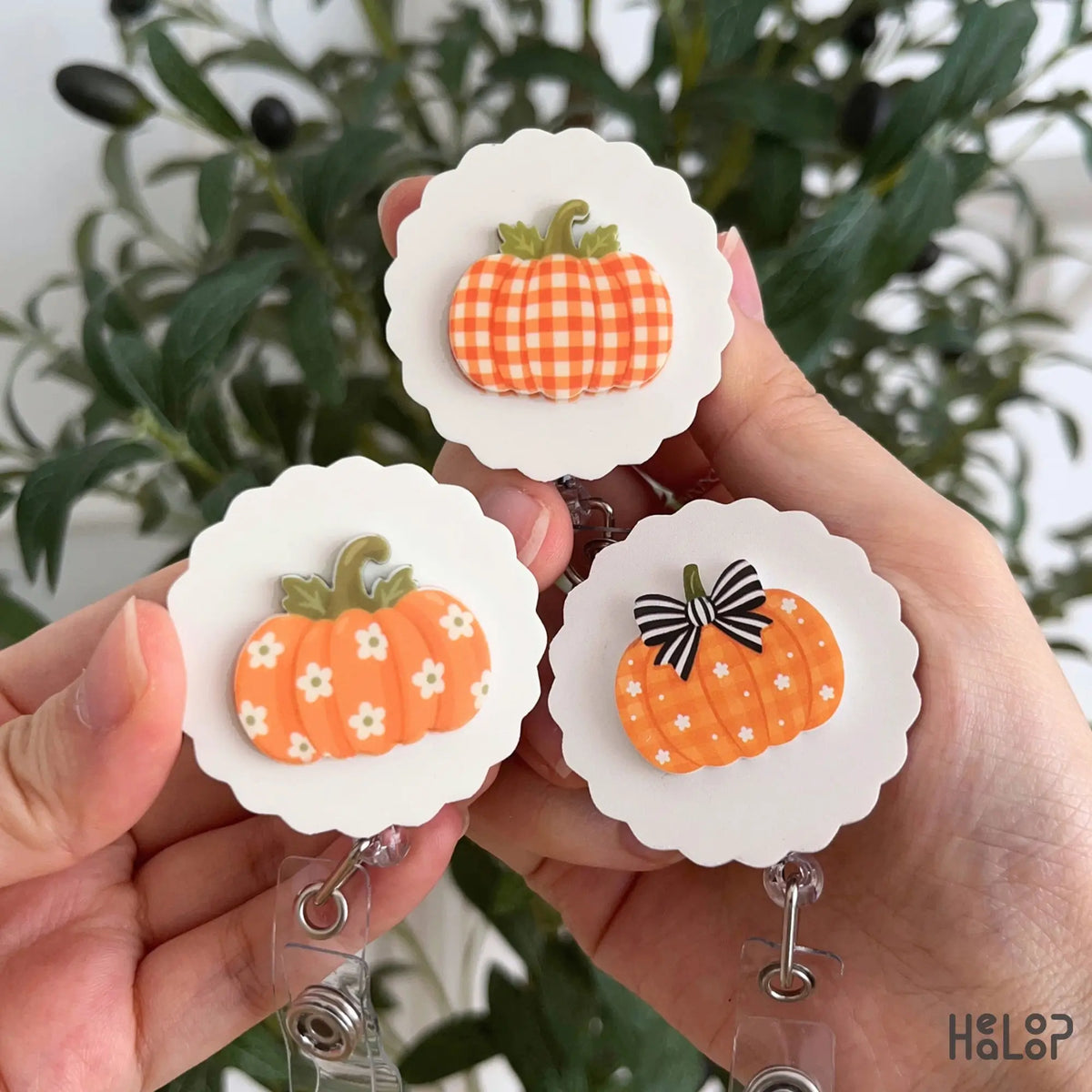 Cute 2-layer pumpkin badge reels in three fall designs for nurses, teachers and healthcare workers