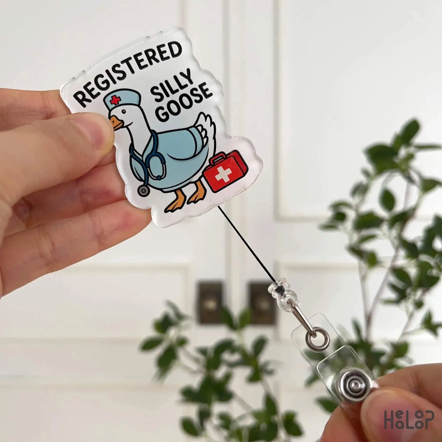 Silly Goose badge reel for nurses – retractable ID holder with stethoscope detail