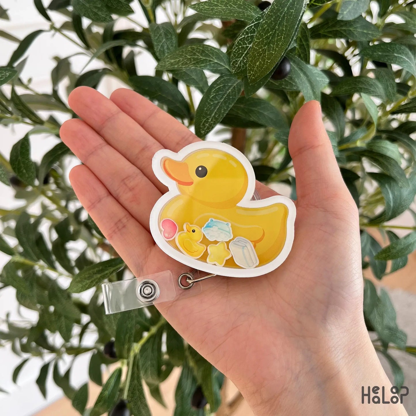 Rubber duck shaker badge reel nurse accessory with baby themed charms by Healoop