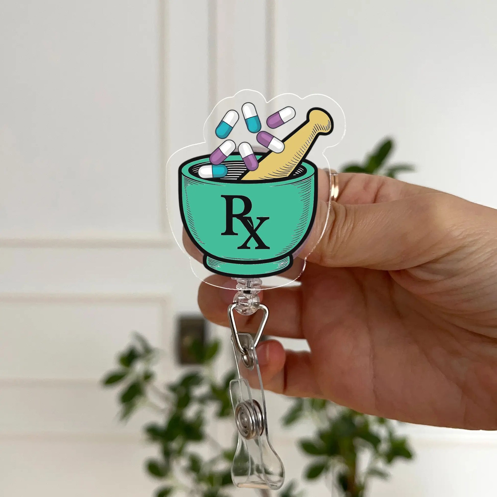 Green RX Pharmacy Badge Reel with capsules and pestle – retractable medical ID holder