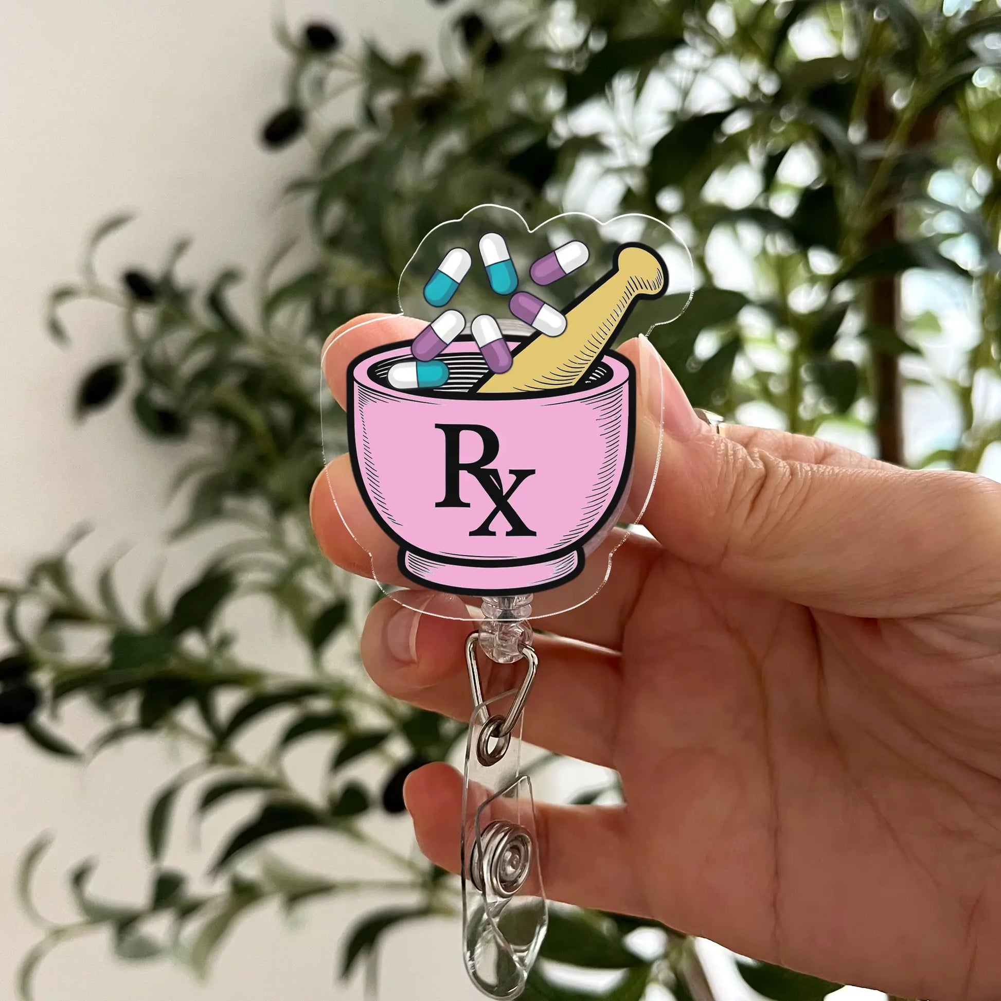 Pink RX Pharmacy Badge Reel – cute retractable ID holder for pharmacists and pharmacy techs