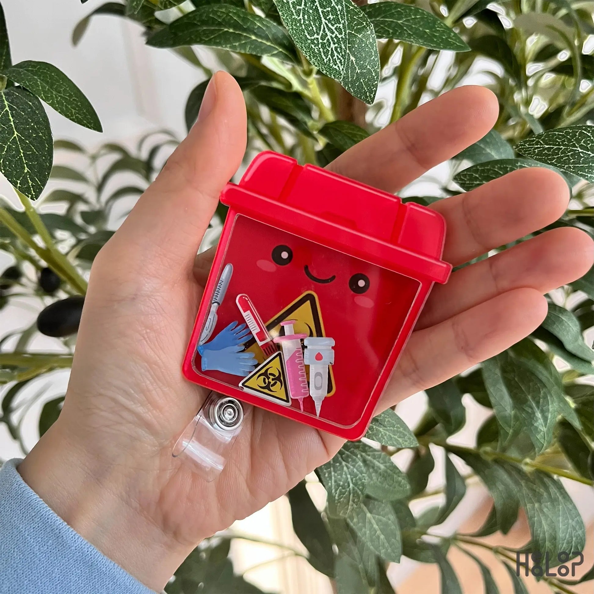 Cute sharps container shaker badge reel with floating medical charms