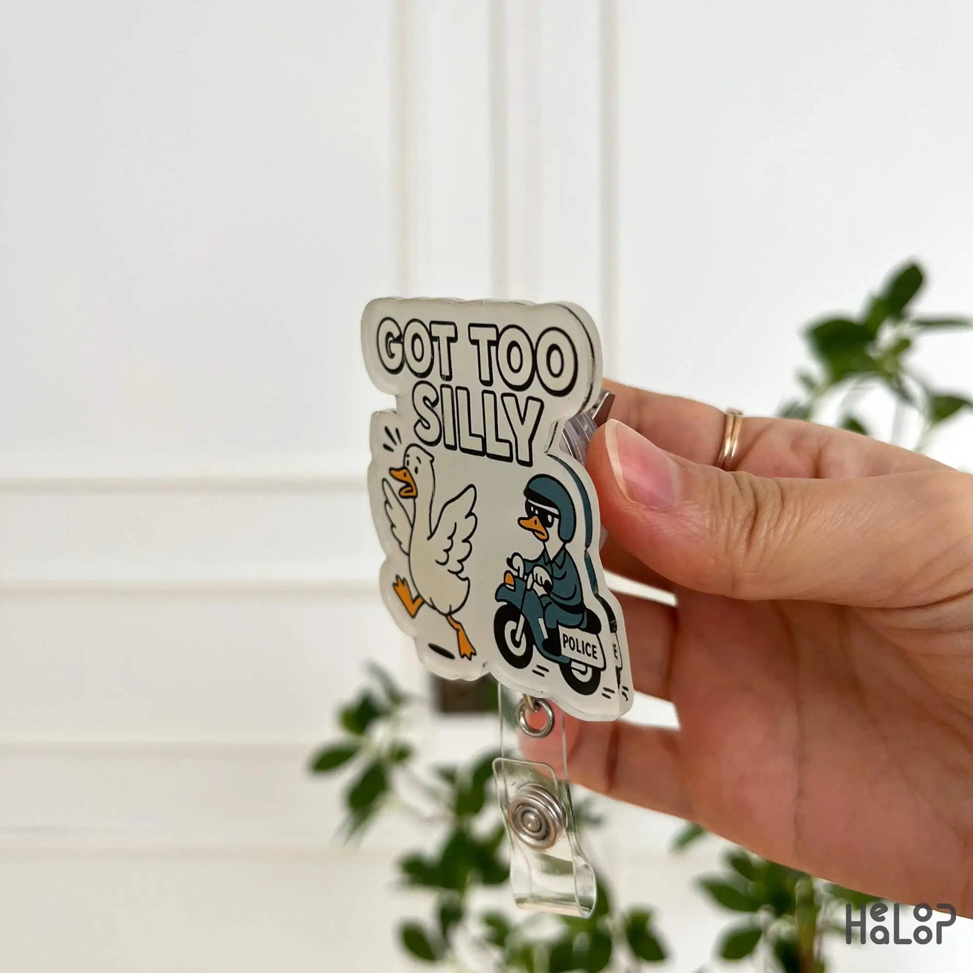 Silly Goose Badge Reel side view – acrylic retractable ID reel for nurses and RNs