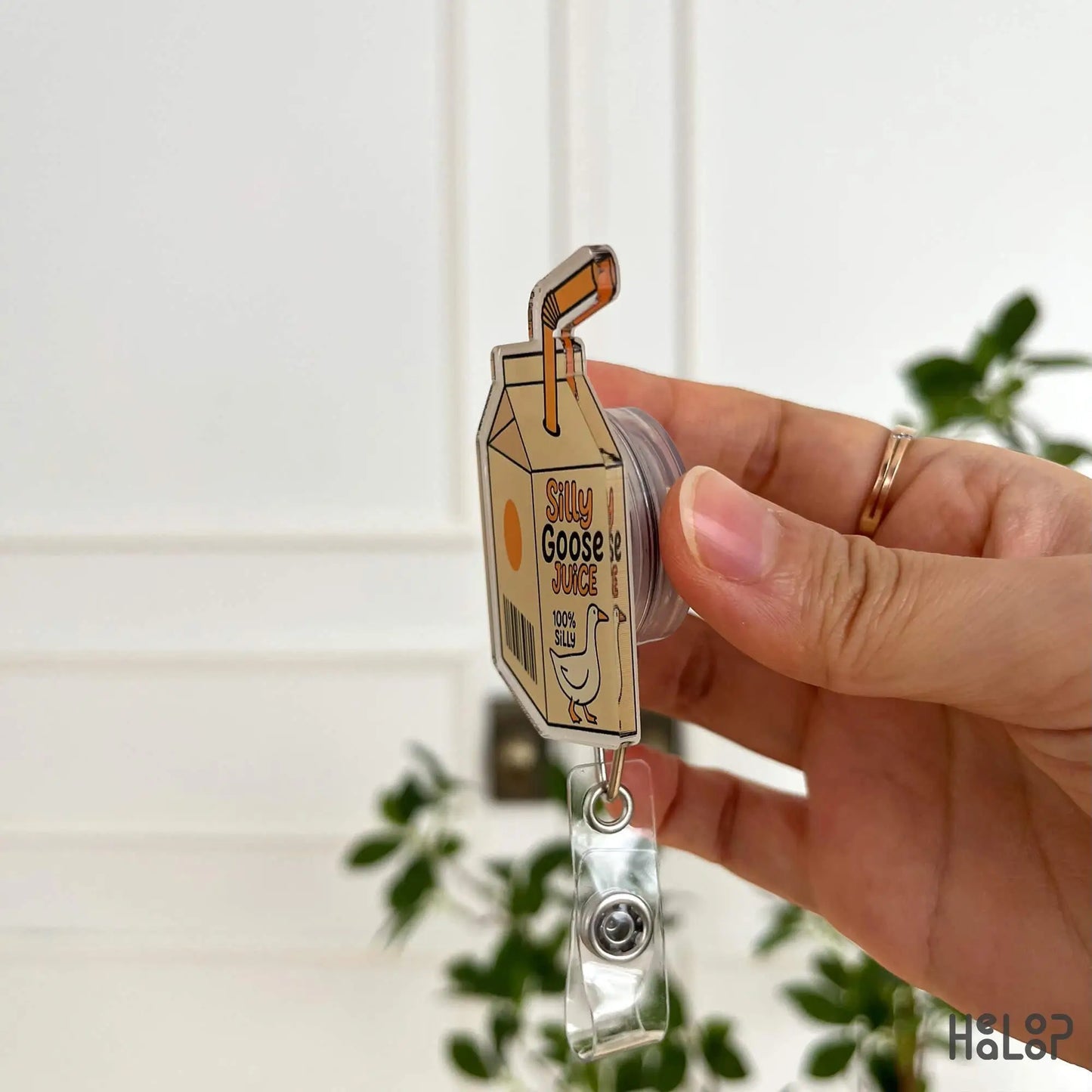 Silly Goose Juice Badge Reel side view – durable acrylic retractable ID holder