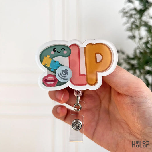 SLP shaker badge reel for speech language pathologists with speech therapy icons