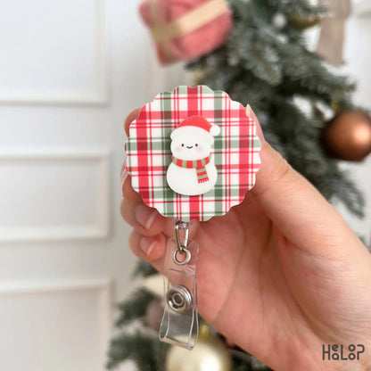 Snowman Christmas Badge Reel with red and green plaid background, festive ID holder for nurses and teachers
