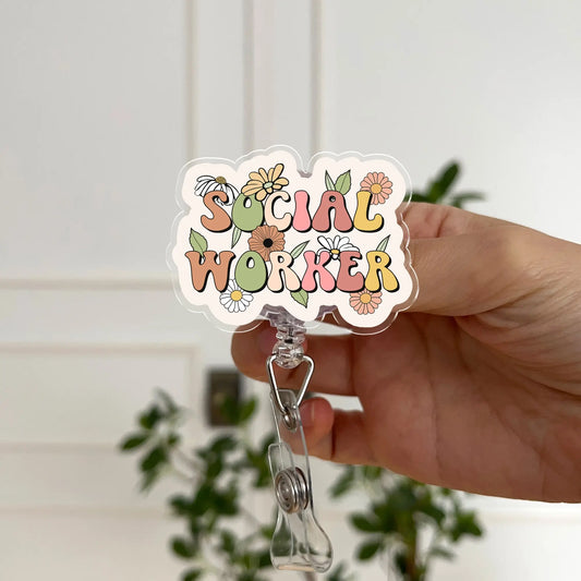 Social Worker Badge Reel – retractable floral ID holder for social work professionals
