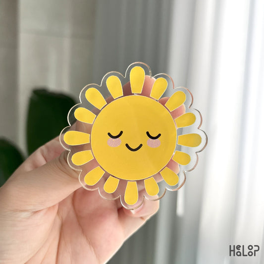 Bright yellow sunshine phone grip, acrylic adhesive grip and stand for phones and e-readers
