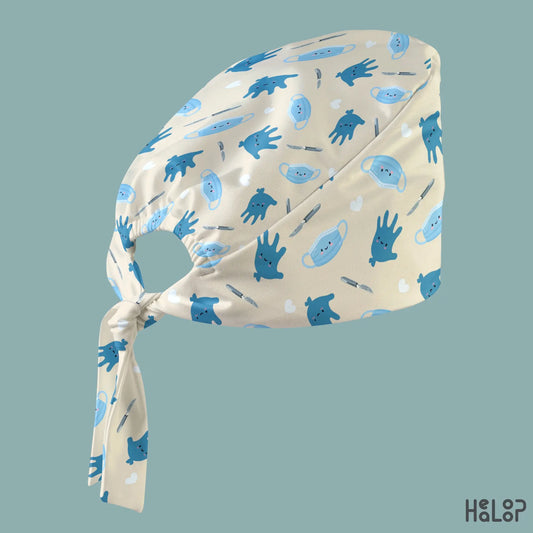 Surgical Scrub Cap in an angled side view, highlighting the cute surgery-themed pattern, classic scrub cap silhouette, and adjustable tie-back design.