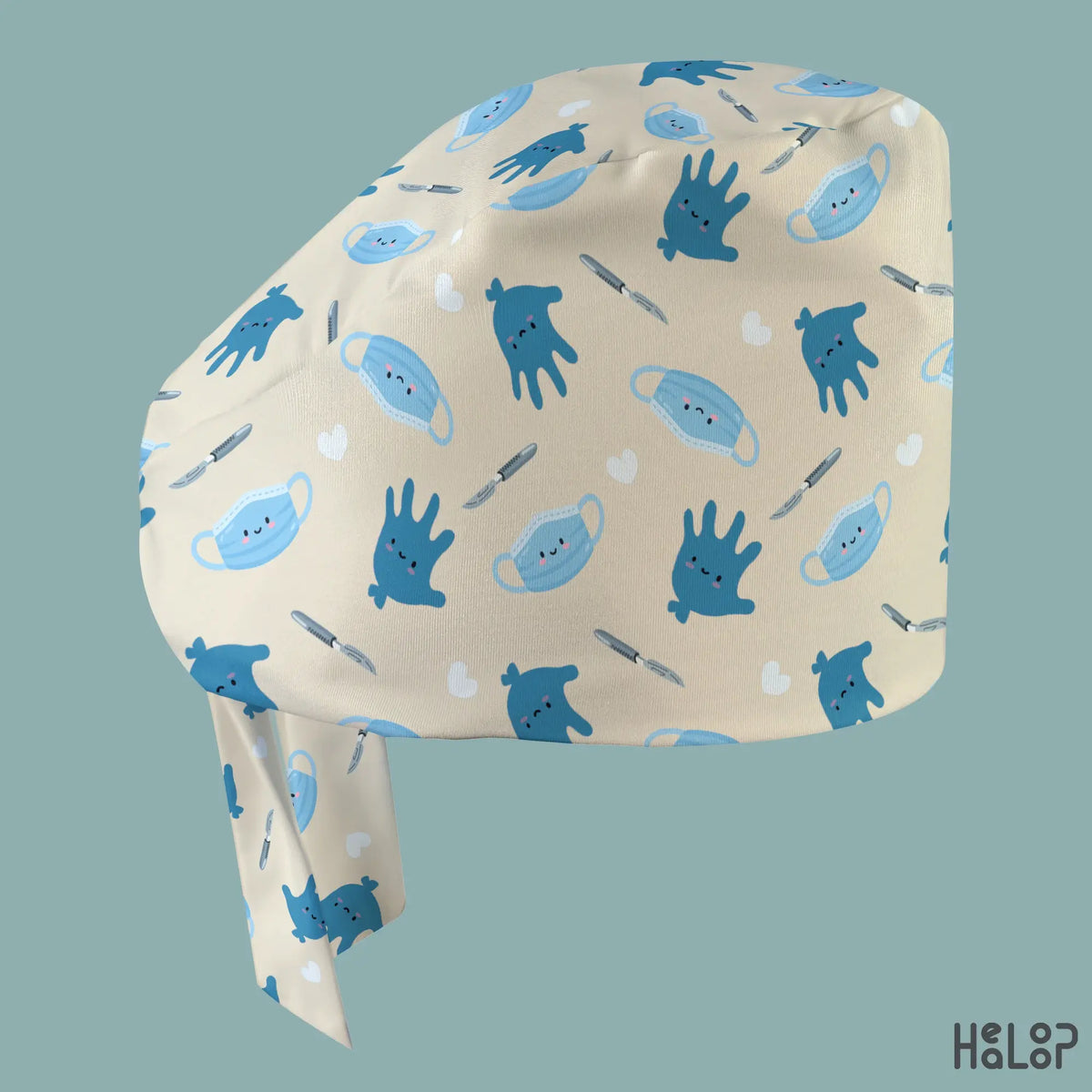Side profile of the HEALOOP Surgical Scrub Cap featuring a cream-colored fabric with blue surgical gloves, medical masks, scalpels, and small white hearts.