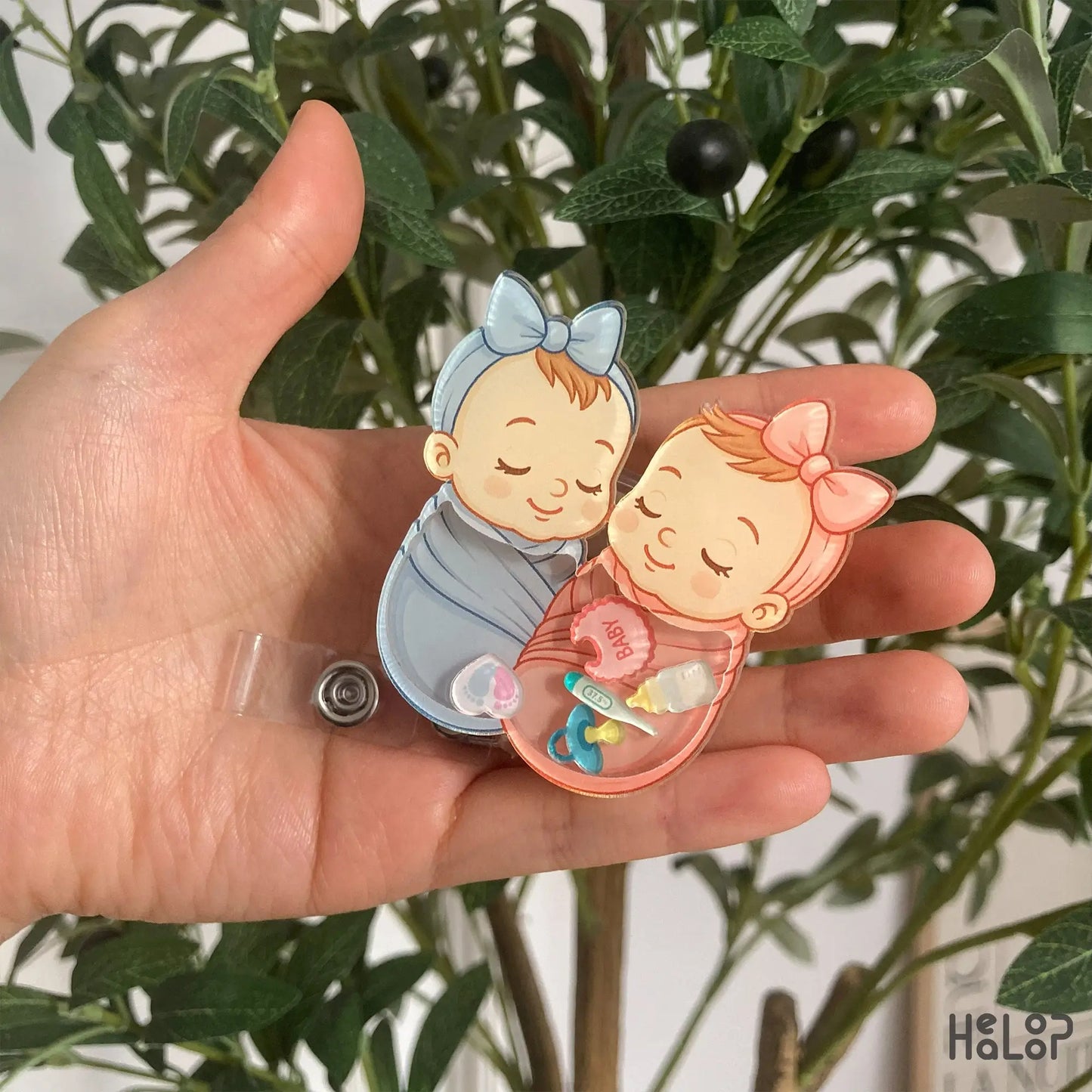 Swaddle Baby Shaker Badge Reel with boy and girl newborn design for NICU nurses