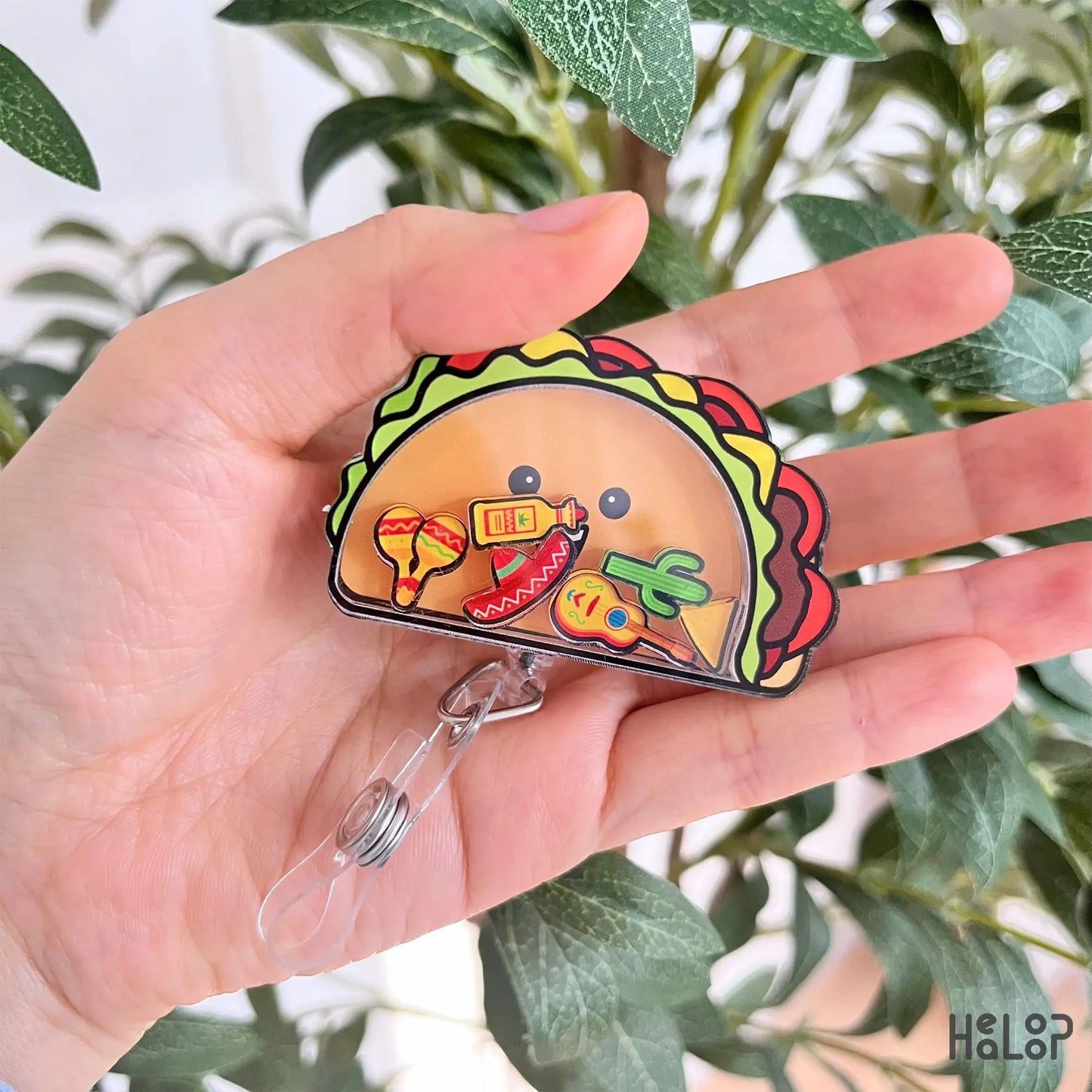Cute taco badge reel with colorful shaker pieces