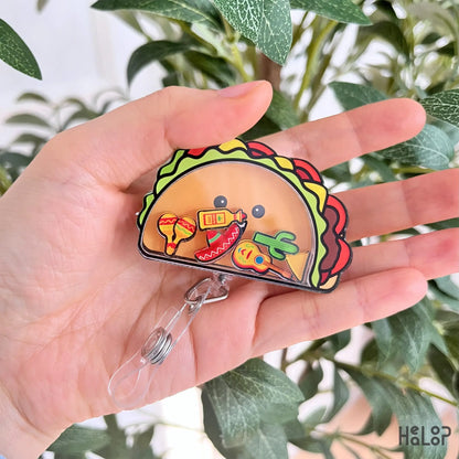Cute taco badge reel with colorful shaker pieces