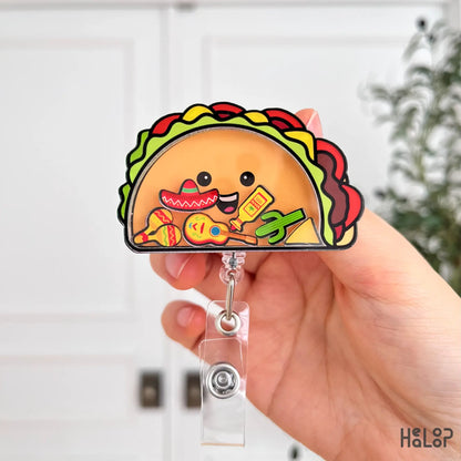 Taco shaker badge reel with cute Mexican charms