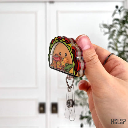 Side view of taco shaker badge reel acrylic layers