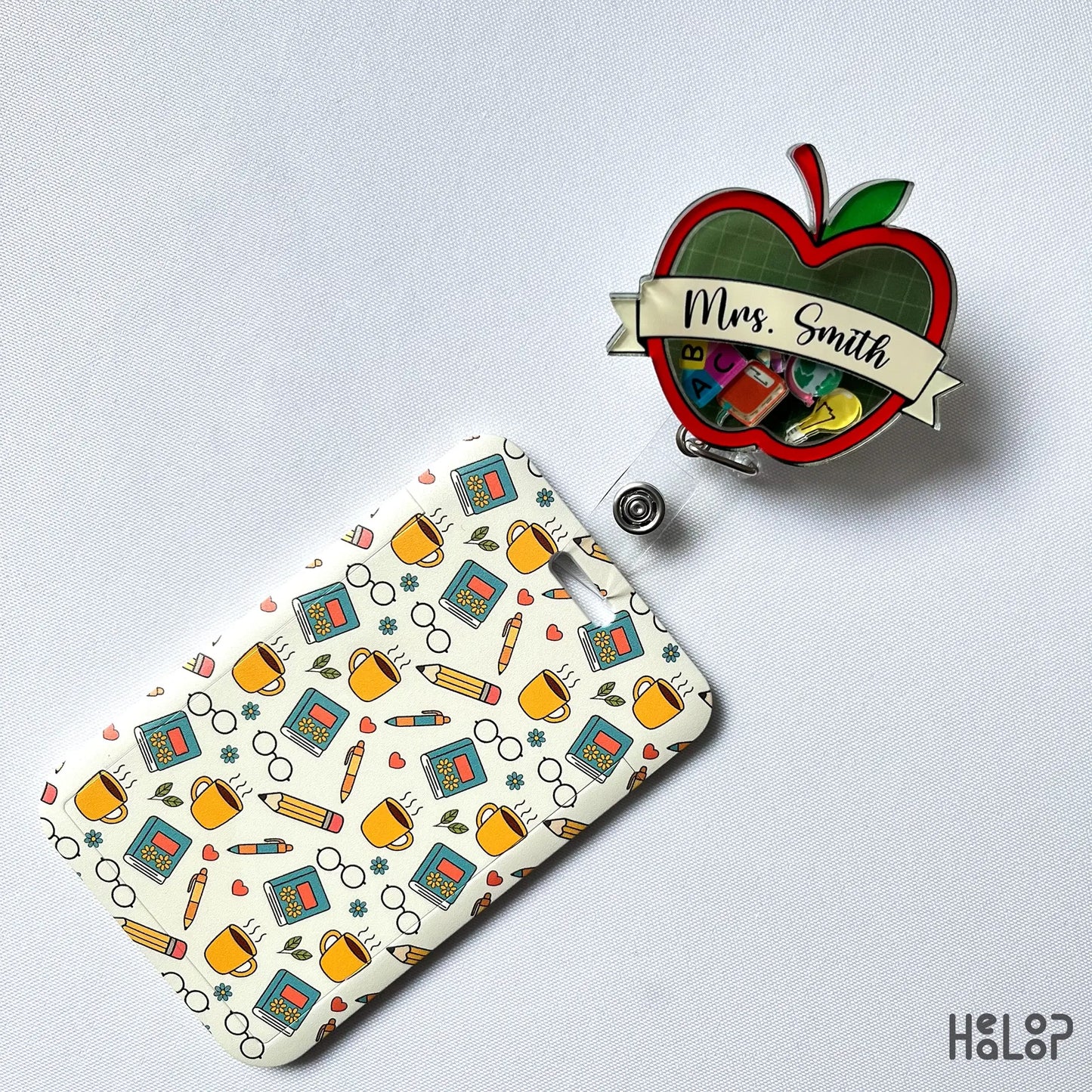 teacher apple shaker badge reel paired with matching ID badge holder, fun gift for educators