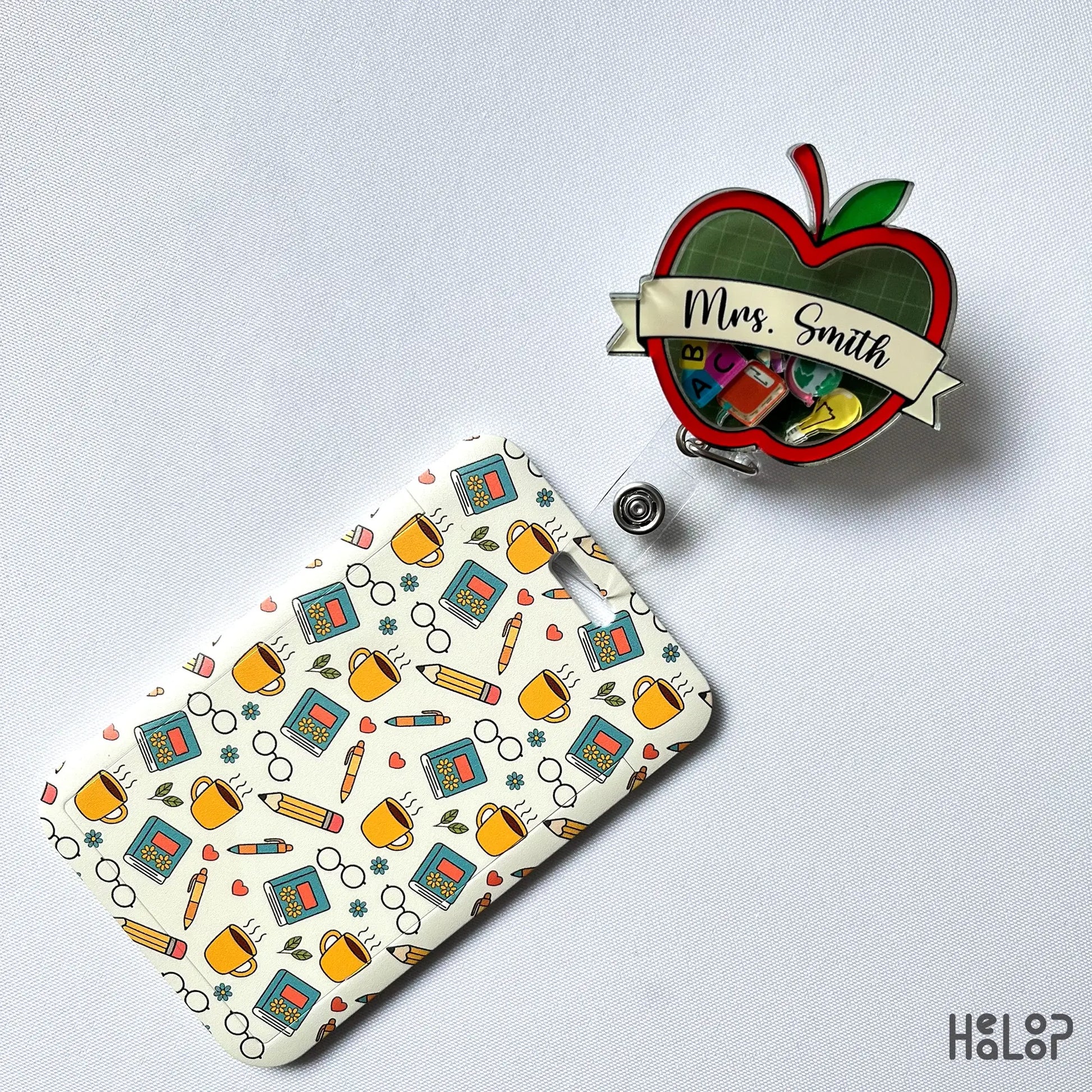 teacher apple shaker badge reel paired with matching ID badge holder, fun gift for educators