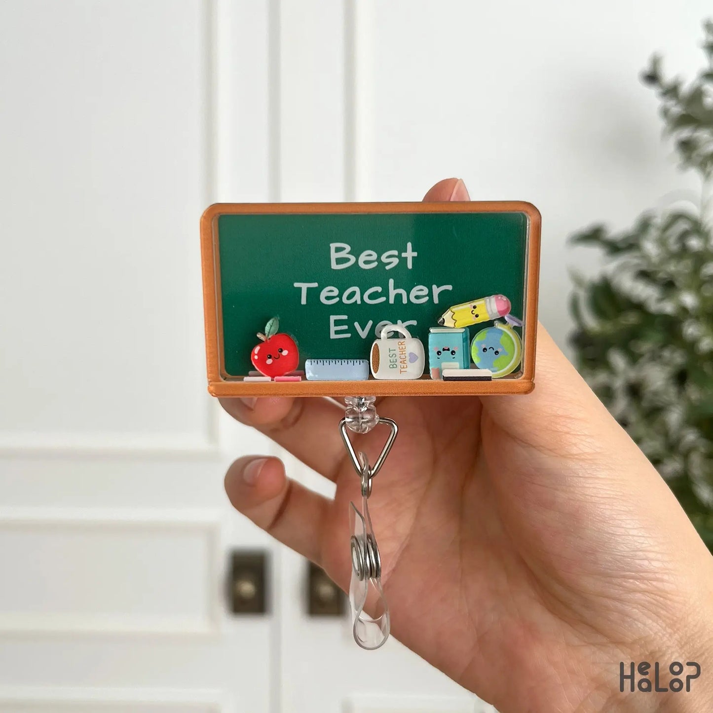Teacher badge reel featuring chalkboard design school supplies and classroom charms