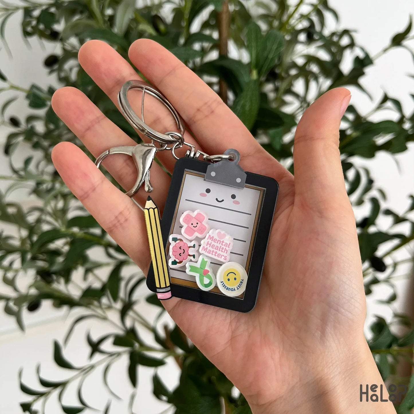 Mental Health Shaker Keychain with moving awareness charms, a unique gift for therapists and counselors.