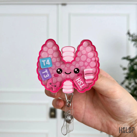 Front view of Healoop Thyroid Shaker Badge Reel with movable T3, T4, TSH and levothyroxine charms for endocrinology professionals.