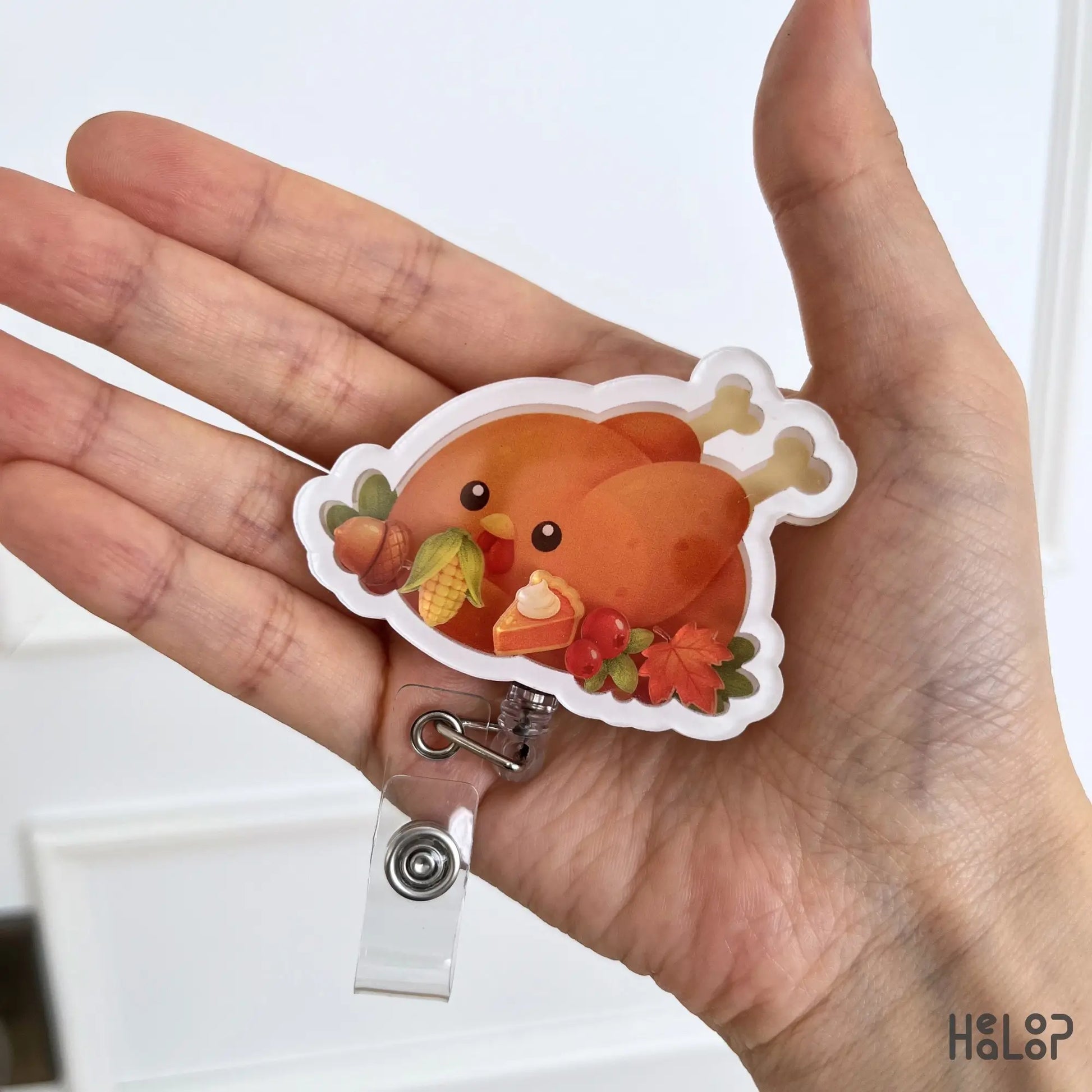 Cute Turkey Food Shaker Badge Reel with Thanksgiving harvest charms, festive fall badge holder for nurses, CNAs, and healthcare professionals