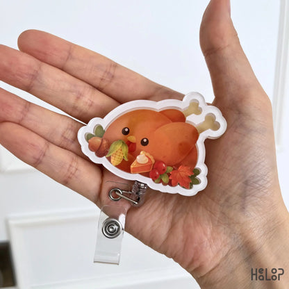 Cute Turkey Food Shaker Badge Reel with Thanksgiving harvest charms, festive fall badge holder for nurses, CNAs, and healthcare professionals