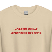 Sand-colored sweatshirt with 'undiagnosed but something is not right' embroidered in red, displayed flat for a detailed view.