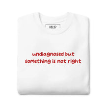 Folded White sweatshirt with 'undiagnosed but something is not right' embroidered in red, emphasizing mental health awareness.