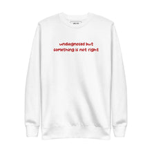 White sweatshirt with 'undiagnosed but something is not right' embroidered in red, laid flat to display the design clearly.